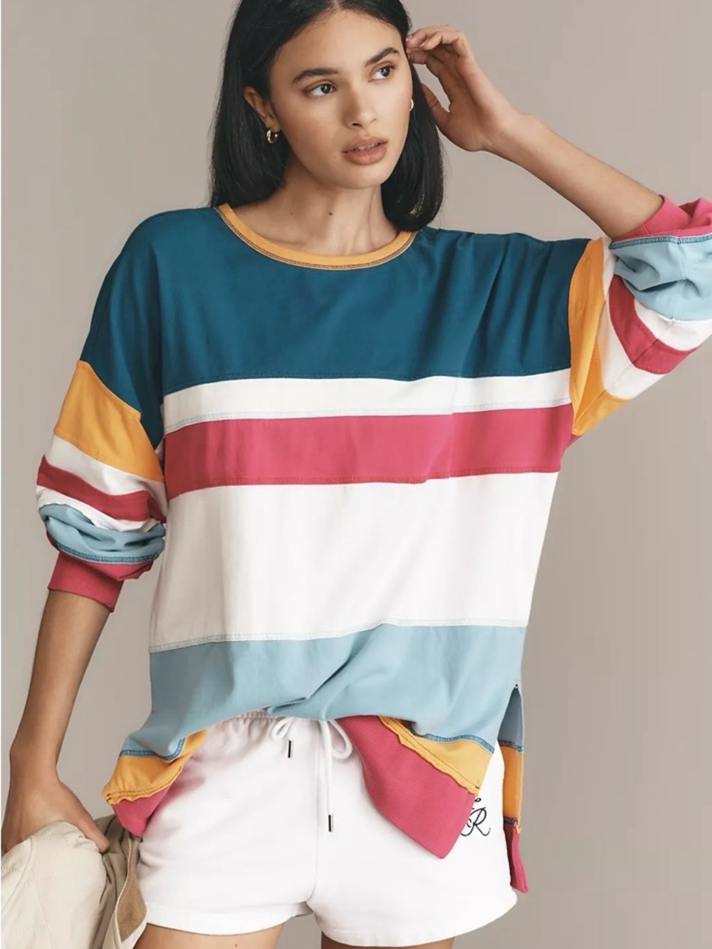 Anthropologie Pilcro Seamed Striped Cotton Tee Blue Pink XXS Runs Large Boho